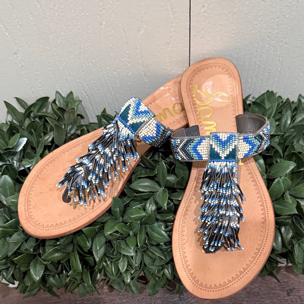 Sam Edelman Blue Beaded Fringe T-Strap Sandals Size 6.5 - Picture 2 of 5
